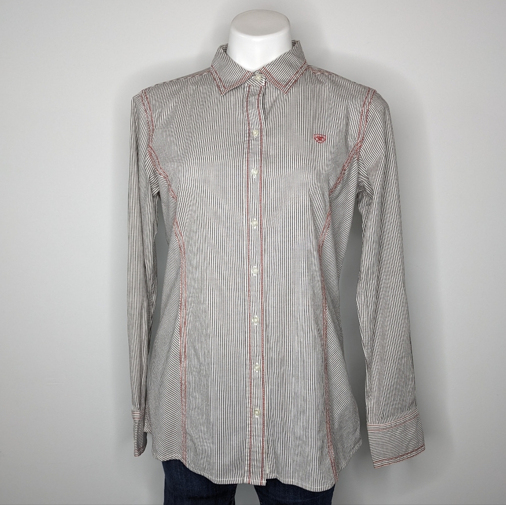 Ariat grey white striped button up shirt L